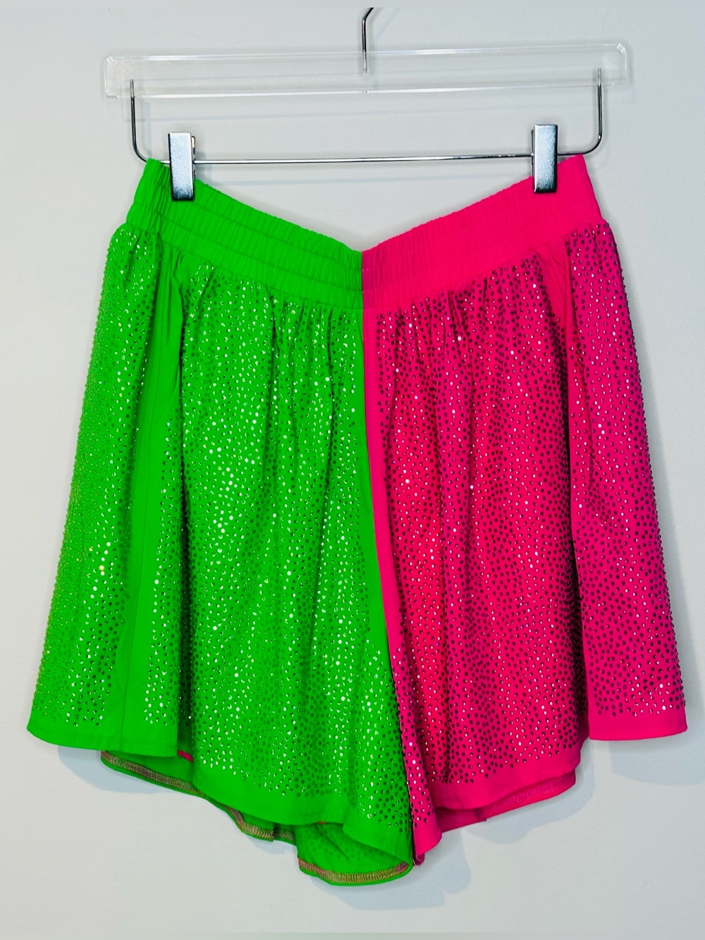 Queen of Sparkles Colorblock Rhinestone Pink Green Pull On Shorts - Picture 12 of 12